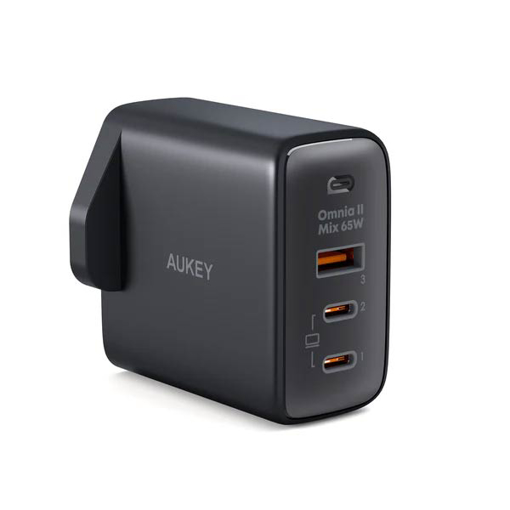 صورة أوكي أومنيا 2 شاحن جداري USB-C PD بقدرة 65 واط 3 مداخل بتقنية GaN للشحن الآمن السريع PA-B6T أسود